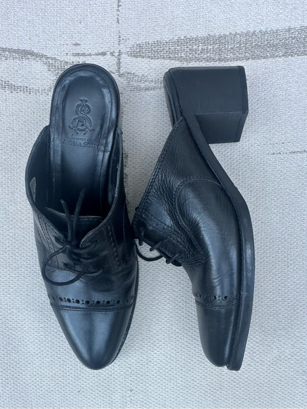 Angela Scott Black Leather Lace-Up Mule Heels - made in Portugal - EU size 39